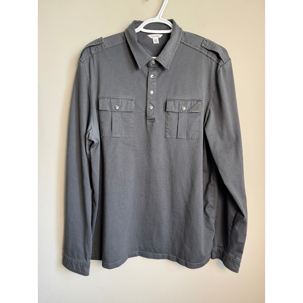 Calvin Klein Mens Retro Polo Long Sleeve Shirt L Gray Military Gorpcore Grunge